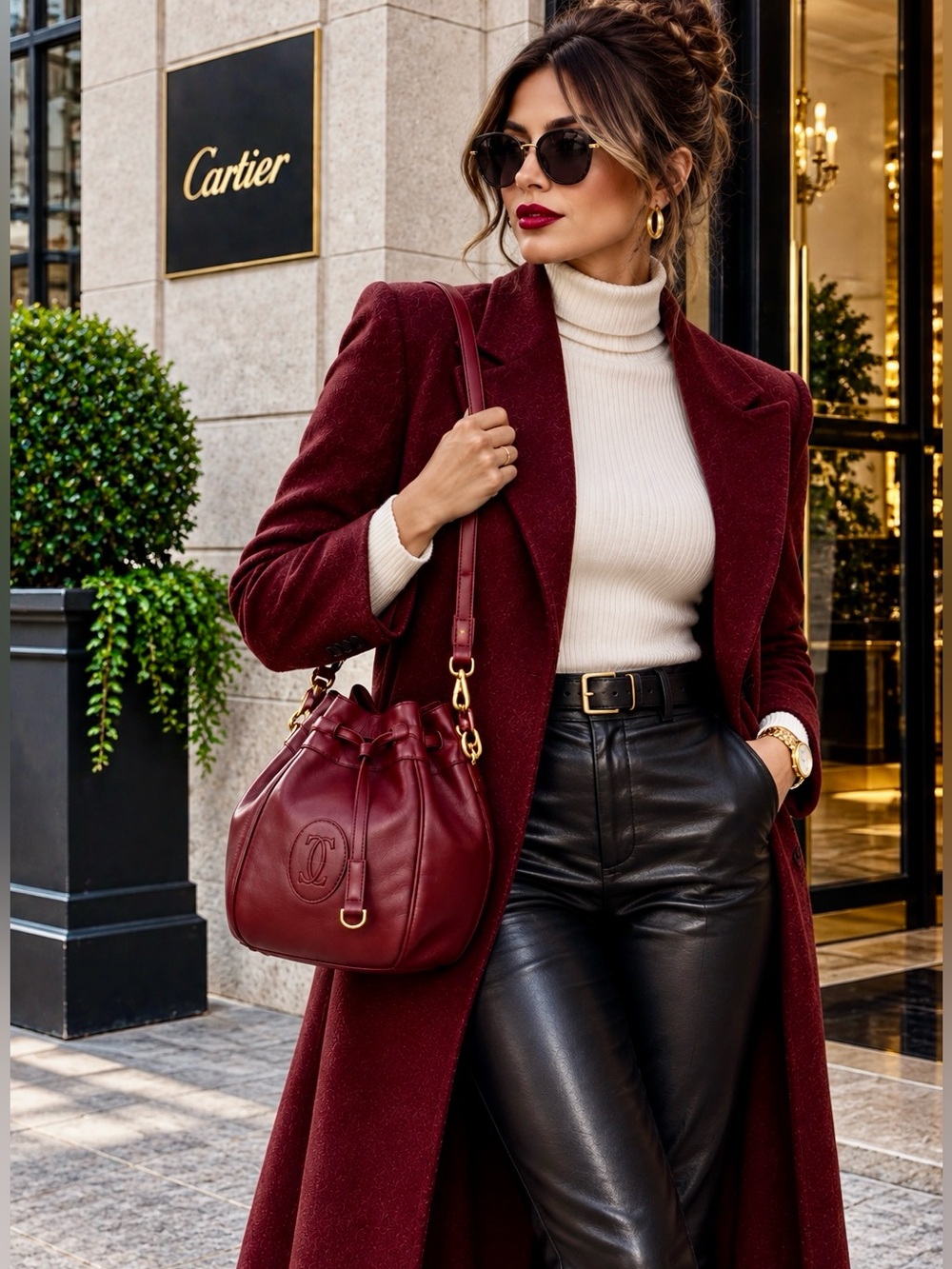 Must de Cartier Burgundy Leather Bucket Bag Dust Bag COA